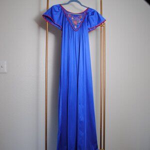 Vintage Deep Blue Nightgown with Neckline Embroidery Detail